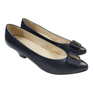 Vintage Calico C-Regent Navy Blue Leather Pumps Heels 10 M Bow Gold Accent